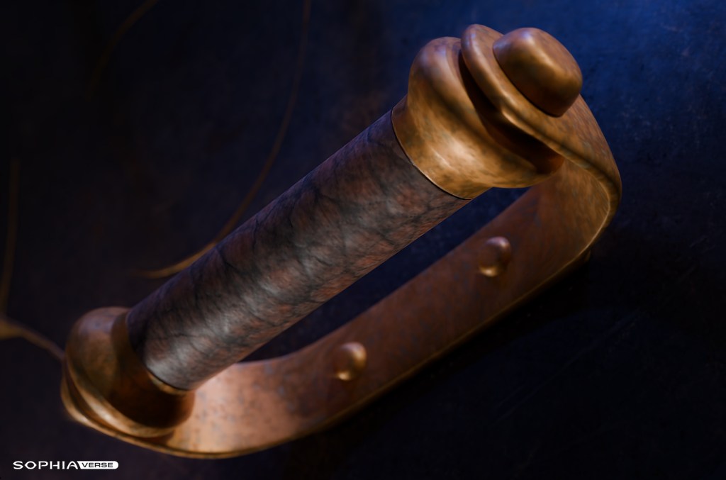 Sleek, ornate shield featuring a shadowed black metal finish accented by sharp, angular designs and a captivating central symbol. Eloh Labs Black Shield for Guardians at Sophiaverse – a visionary emblem that fuses classical warrior guardianship with futuristic technology, ideal for modern video game environments and digital collections