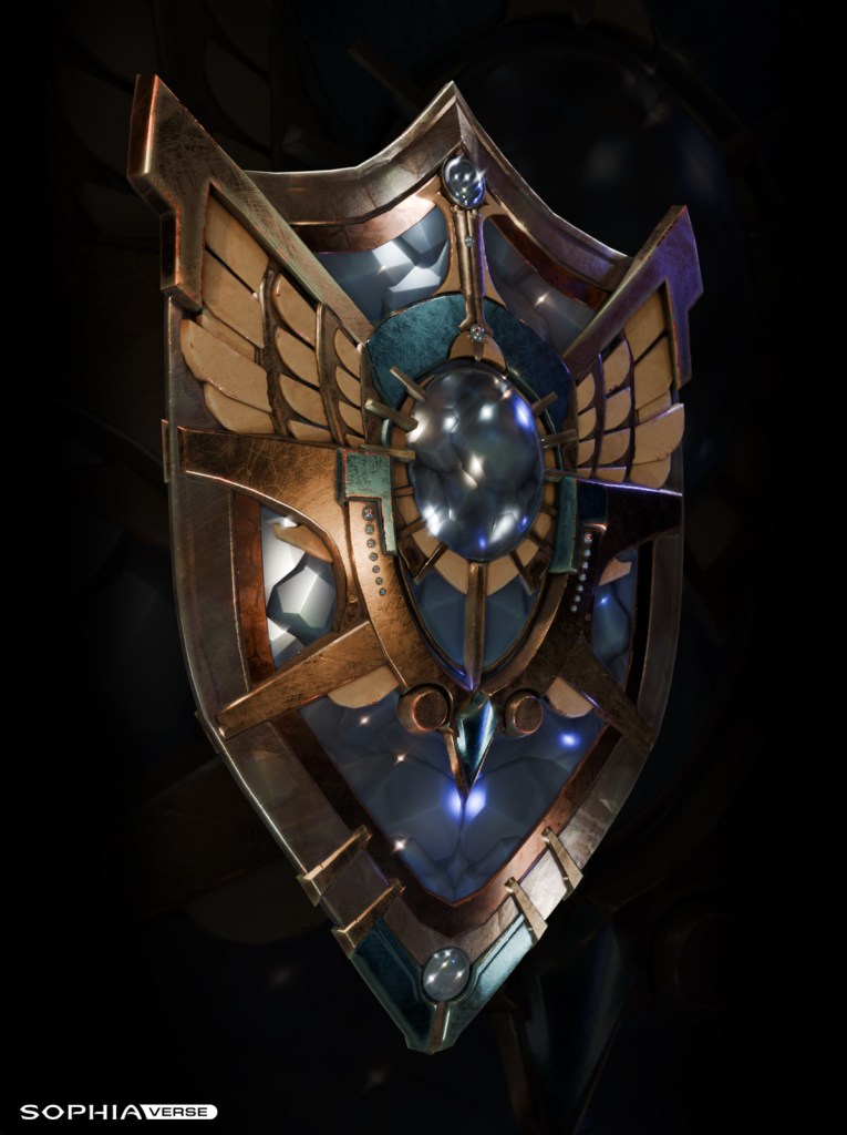 Intricately designed high-tech shield with a radiant diamond centerpiece accented by complex geometric metalwork and wing-inspired details. Eloh Labs Diamond Shield for Guardians at Sophiaverse, representing innovative defense technology and exceptional craftsmanship, ideally suited as a standout video game asset on elohlabs.com