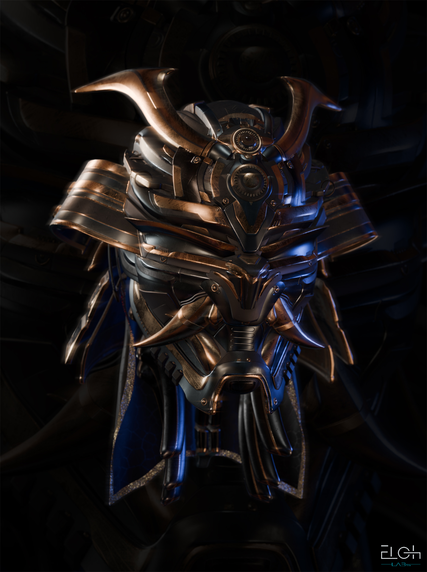 Futuristic Oni Mask 3d model showcasing expert craftsmanship by Eloh Labs, with a bold blend of bronze and dark steel tones, sleek angular lines, and subtle gear accents. Eloh Labs Oni Mask 3d model for video games 3d assets.