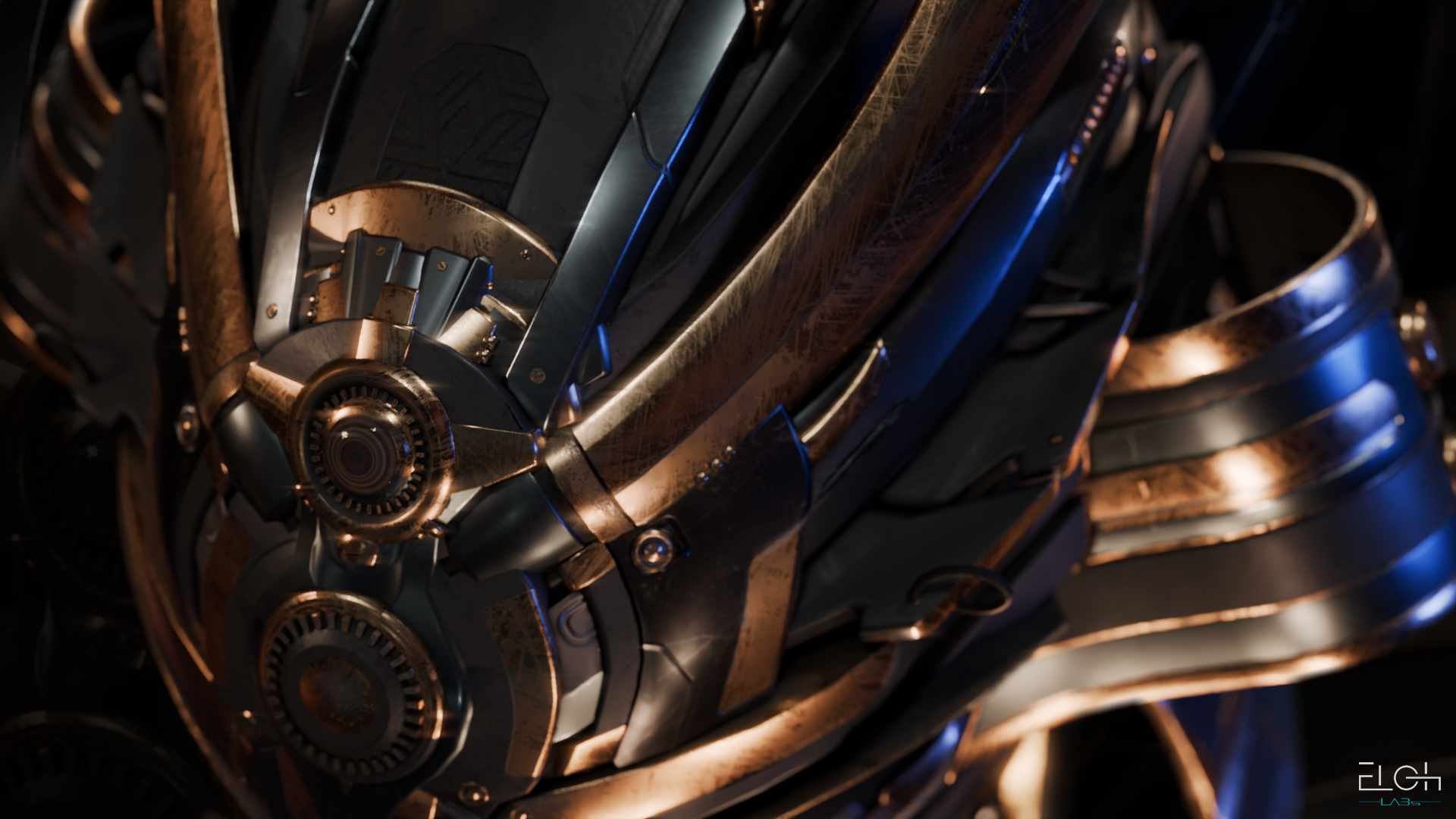 Futuristic Oni Mask 3d model showcasing expert craftsmanship by Eloh Labs, with a bold blend of bronze and dark steel tones, sleek angular lines, and subtle gear accents. Eloh Labs Oni Mask 3d model for video games 3d assets.