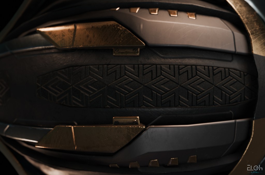 Futuristic Oni Mask 3d model showcasing expert craftsmanship by Eloh Labs, with a bold blend of bronze and dark steel tones, sleek angular lines, and subtle gear accents. Eloh Labs Oni Mask 3d model for video games 3d assets.