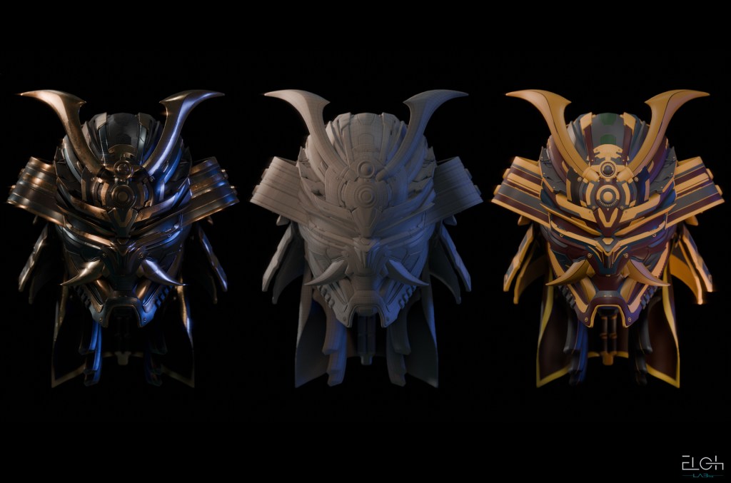 Futuristic Oni Mask 3d model showcasing expert craftsmanship by Eloh Labs, with a bold blend of bronze and dark steel tones, sleek angular lines, and subtle gear accents. Eloh Labs Oni Mask 3d model for video games 3d assets.