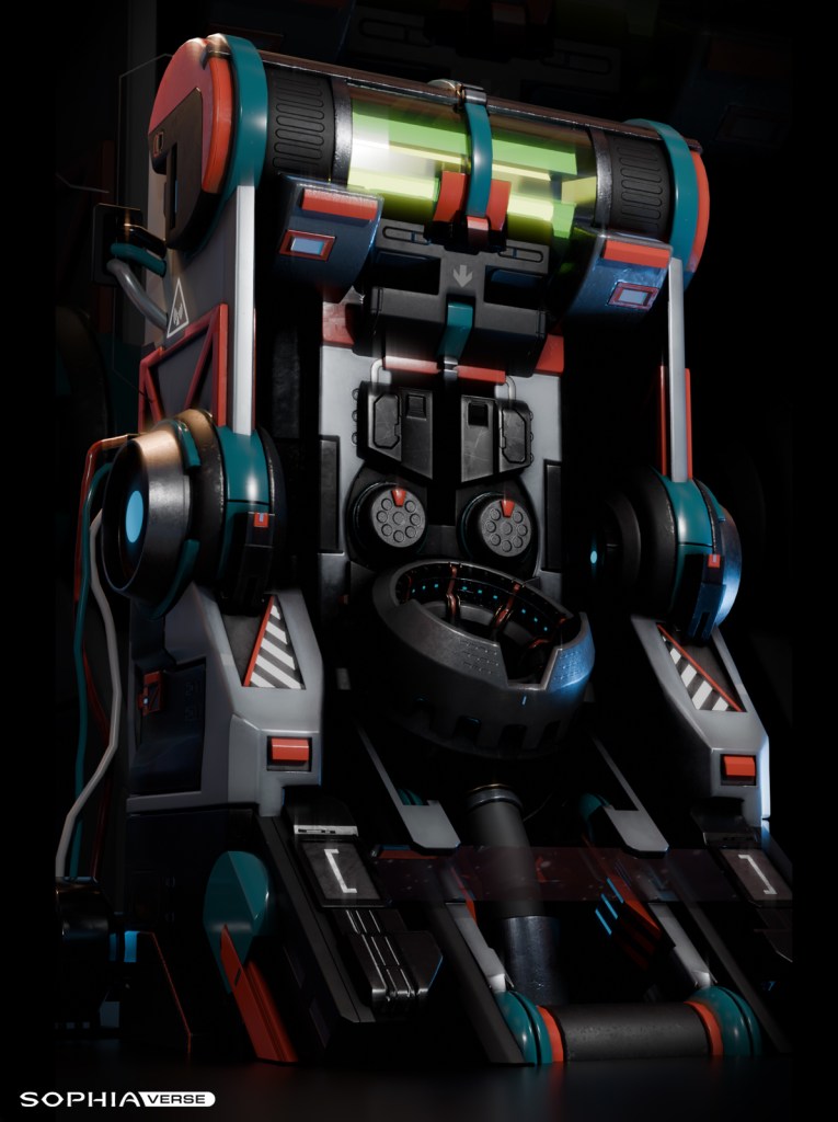 Futuristic ALIS Nest by Eloh Labs for use in SAIL, Sophia’s AI Lab at Sophiaverse, demonstrating pioneering AI technology with detailed cylindrical structures and interactive panels. Perfect for video game asset development and featured on elohlabs.com under the Eloh brand.