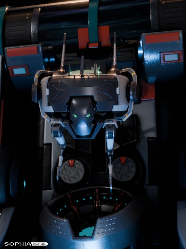 Futuristic ALIS Nest by Eloh Labs for use in SAIL, Sophia’s AI Lab at Sophiaverse, demonstrating pioneering AI technology with detailed cylindrical structures and interactive panels. Perfect for video game asset development and featured on elohlabs.com under the Eloh brand.