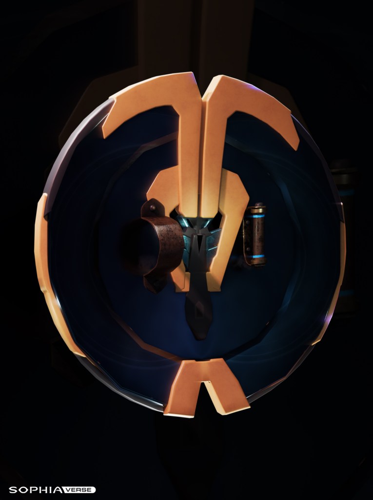 Intricately designed futuristic emblem with a striking gold and black color scheme, highlighted by dynamic geometric details and a central, symmetrical face-like pattern. Eloh Labs Gold Shield for Guardians at Sophiaverse merges visionary defense technology with artistic innovation, making it a superior asset for video game projects on elohlabs.com