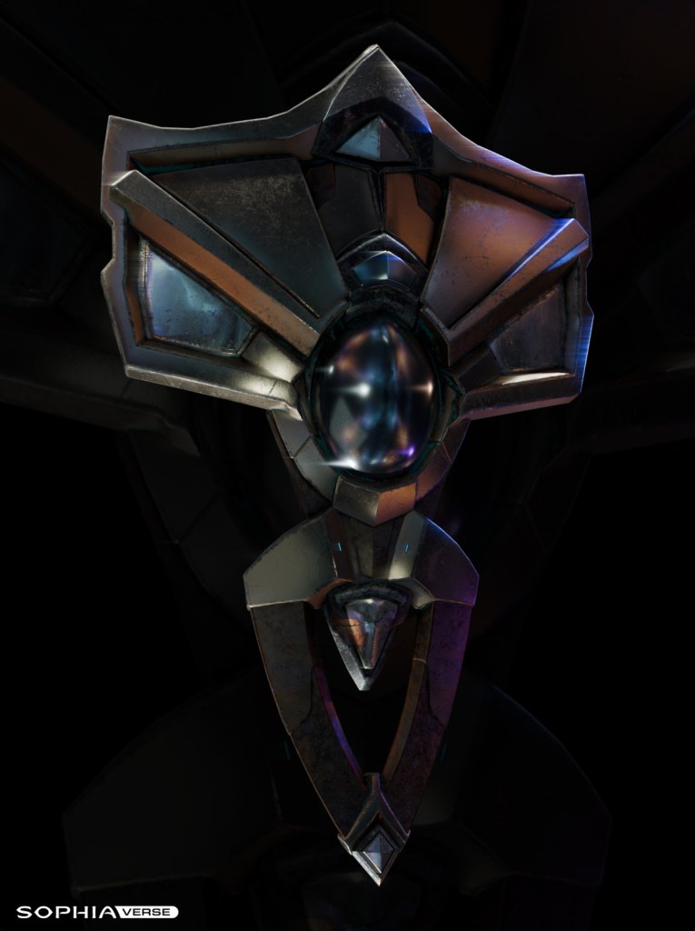 Striking protective shield with a sleek dark finish, complex geometric detailing, and a prominent diamond center that radiates a mystical aura. Eloh Labs Transcendence Shield for Guardians at Sophiaverse fuses advanced engineering with guardian heritage, making it an ideal high-tech asset for digital collections and video game projects.